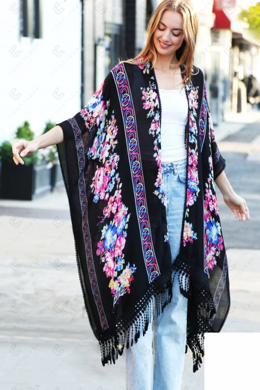 Black Floral Crochet Kimono