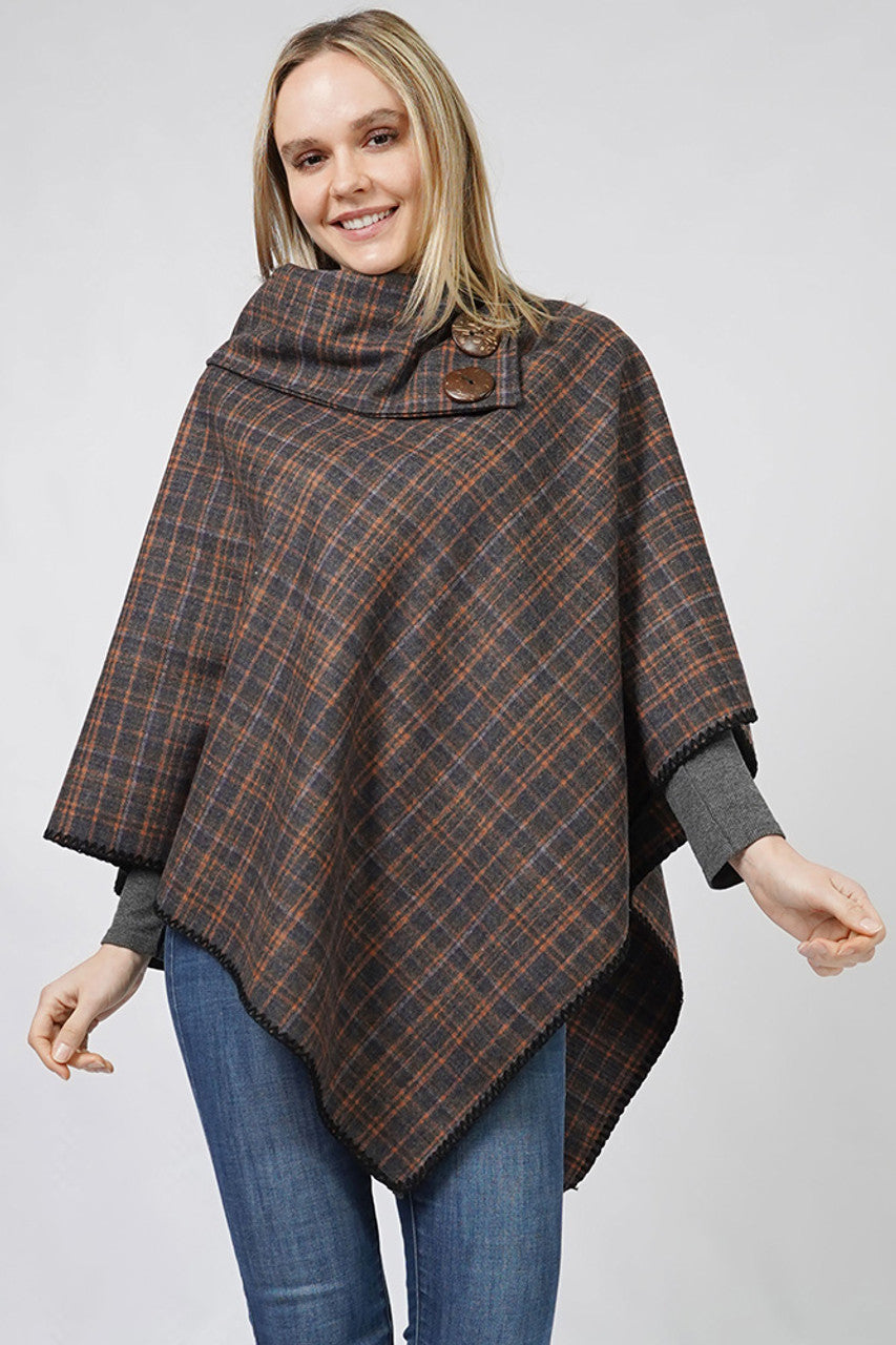 Button Plaid Dark Brown Poncho