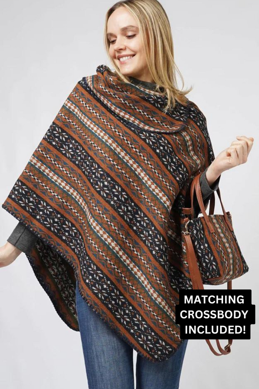 Brown Printed Poncho-Purse Included