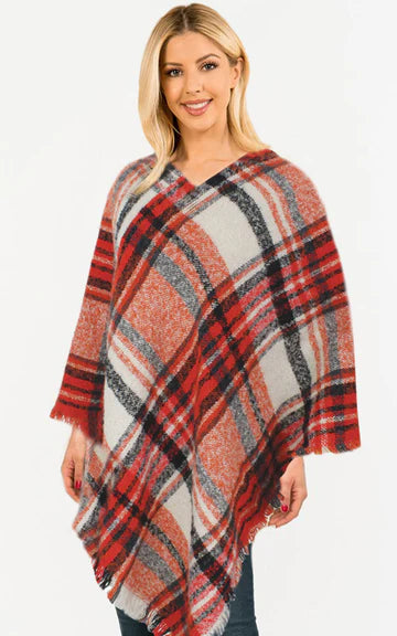 Plaid Poncho - Deep Orange