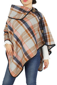 Navy Pink Plaid Button Poncho