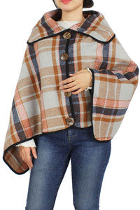 Navy Pink Plaid Button Poncho